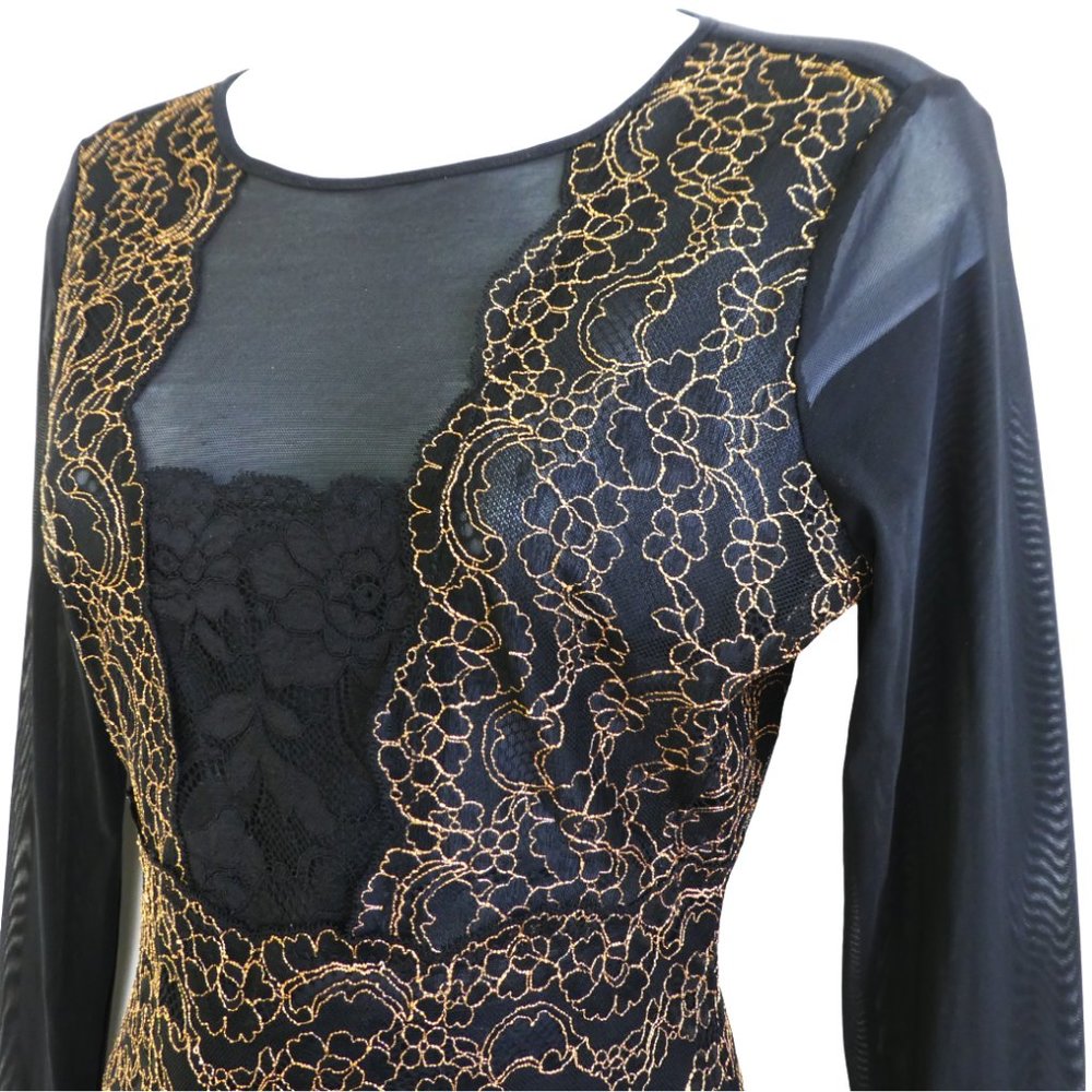 Guess Black Mesh Floral Contrasting Lace Sheer Long Sleeve Scalloped Edges S